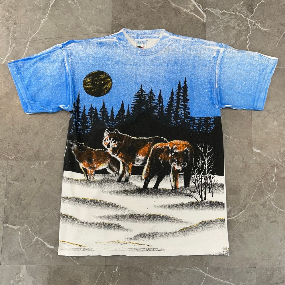 90s Vintage Wolf Graphic Tee Mens Large AOP ALL Over Nature Animals Wolves Shirt